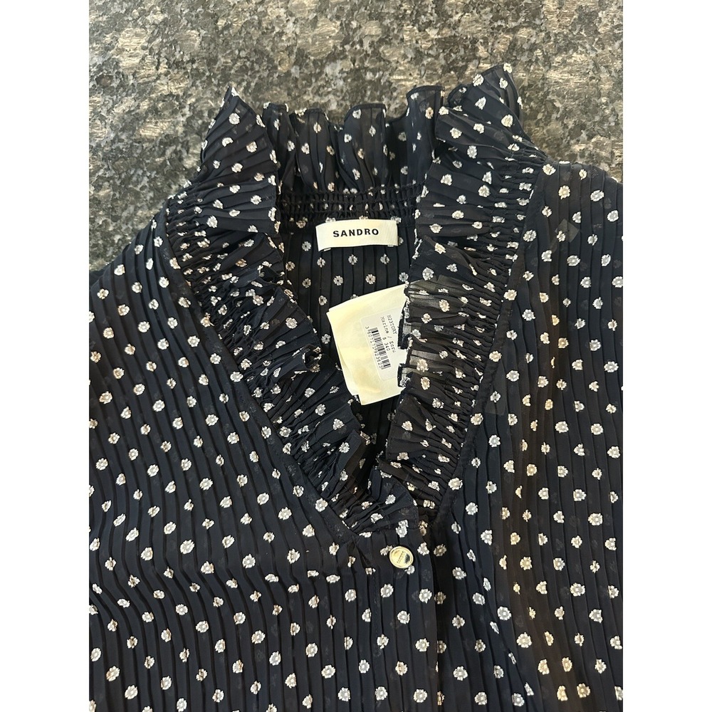SANDRO Blouse Womens Small Sz 2 Sheer Button Up Ruffle Patterned Polka Dots $340 - Picture 8 of 10